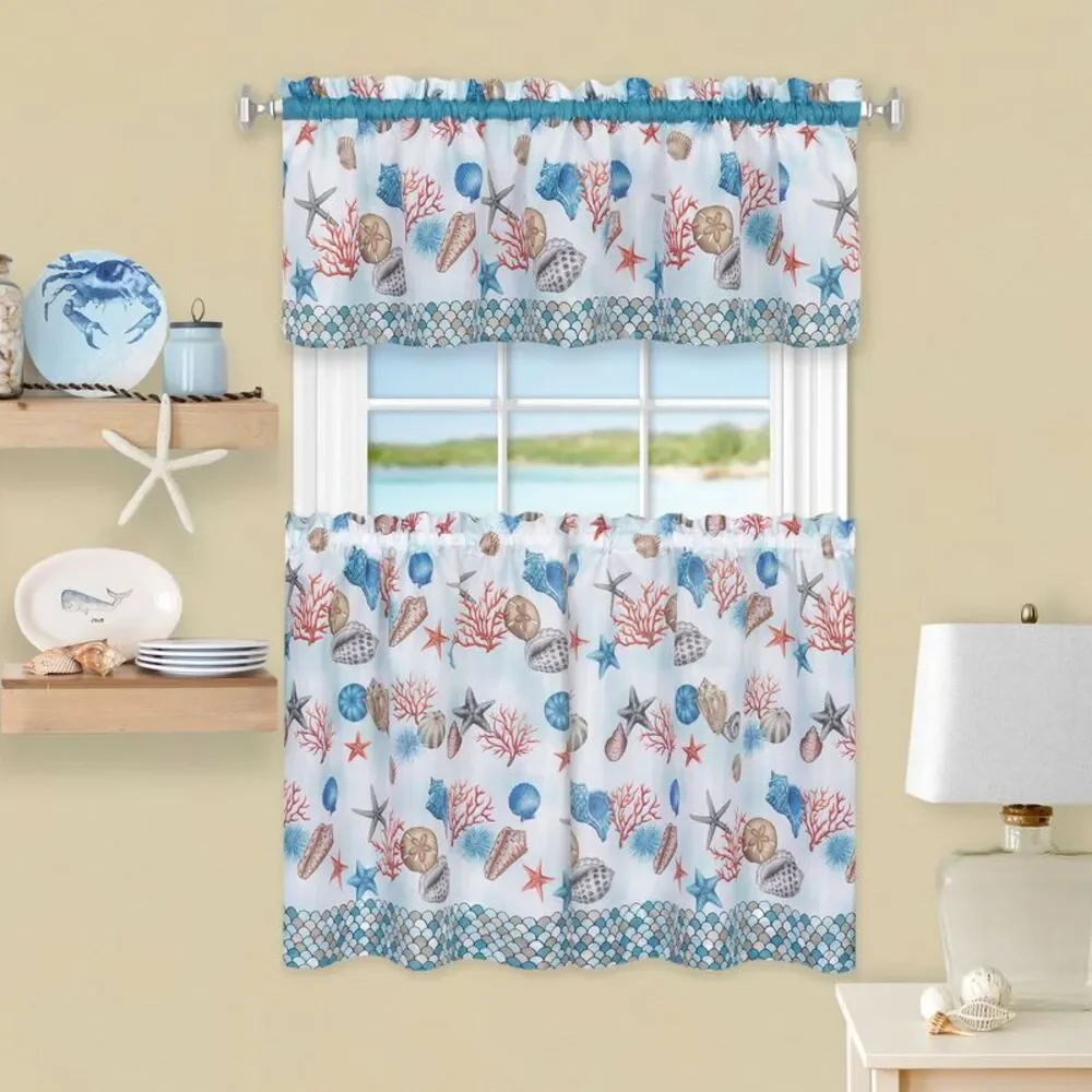 PowerSellerUSA 3-Piece Kitchen Curtains and Valance Set, Coastal Beach Window
